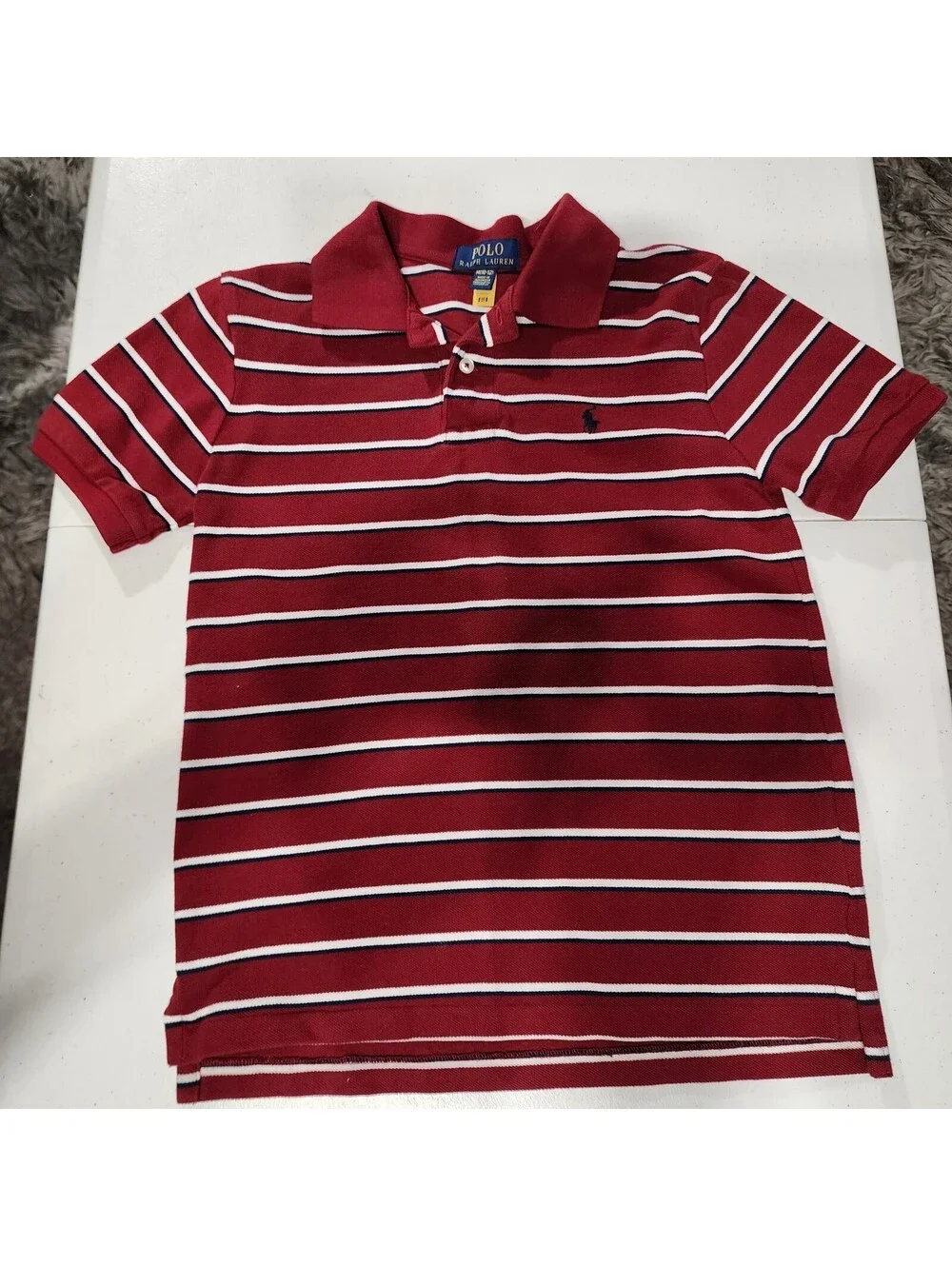 Polo Ralph Lauren Boys Red White Striped Polo Shirt M (10-12) Short Sleeve Logo